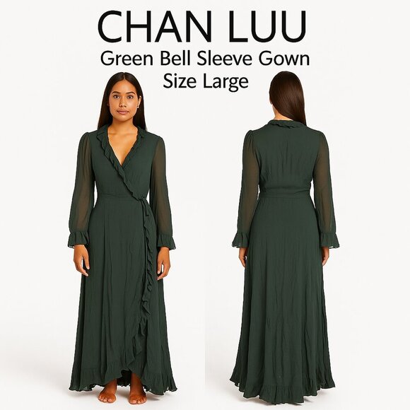 Chan Luu Emerald Green Sheer Long Sleeve Ruffle Wrap Maxi Gown – Size Large - Picture 1 of 11
